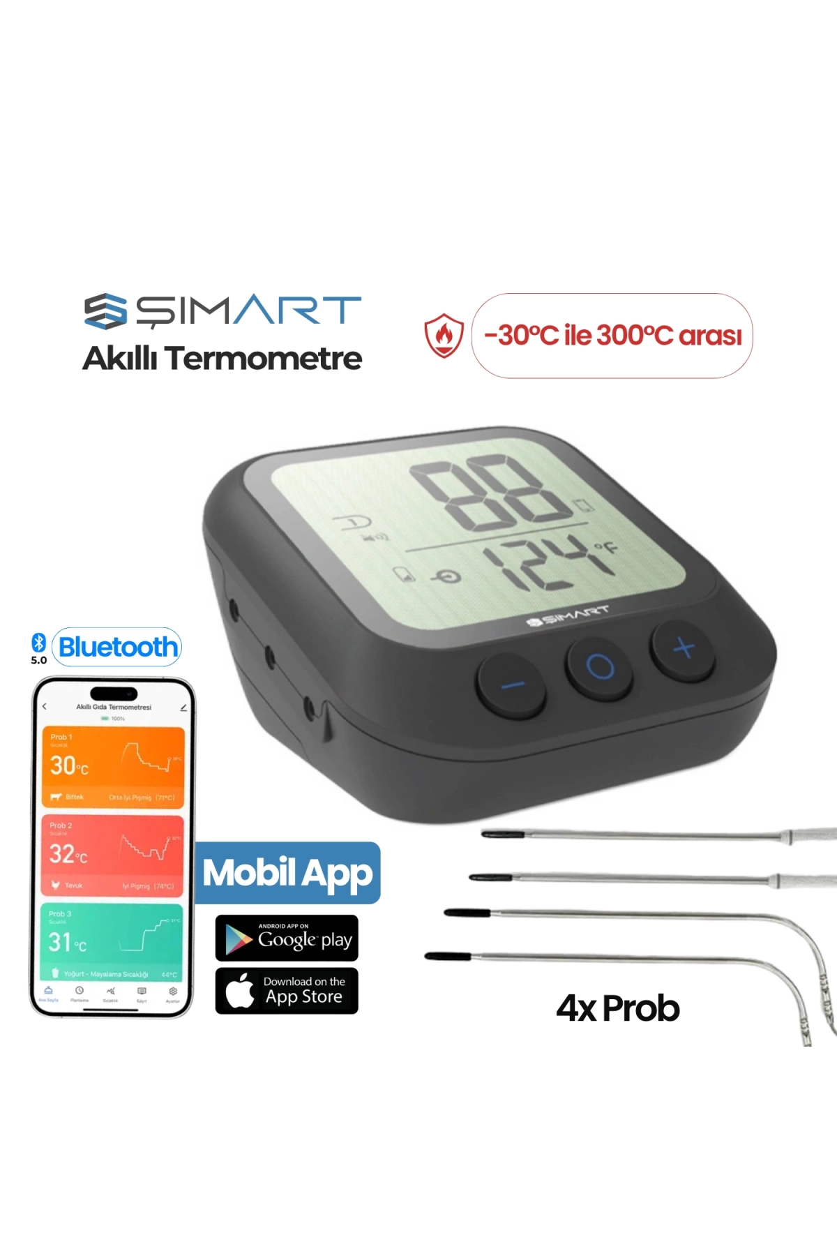 Şımart Akıllı Gıda Termometresi 4 Prob Bluetooth 5.0 Mobil Uygulama -30°C~300°C Ölçüm Aralığı