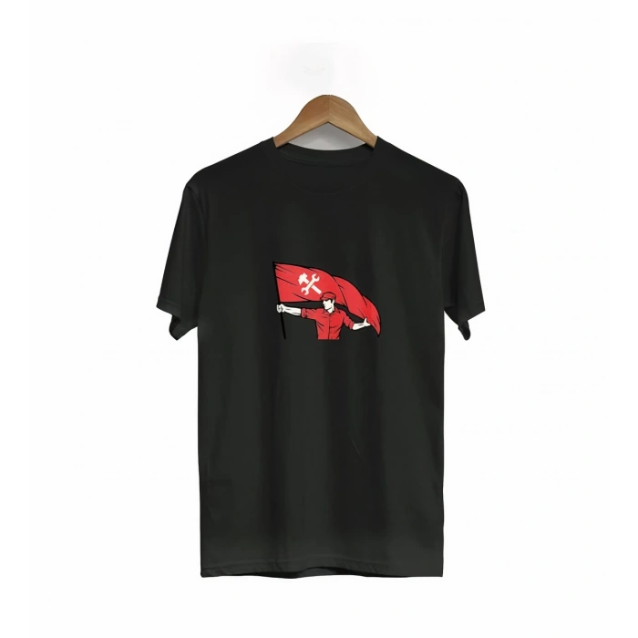 1 Mayıs Emek ve Dayanışma Bayraklı Emekçi Baskılı Bisiklet Yaka T-shirt - Siyah