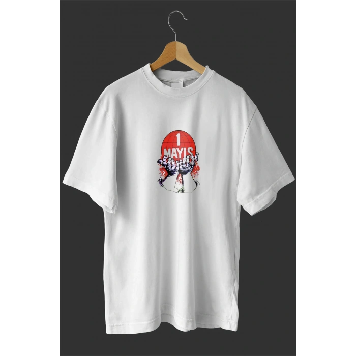 1 Mayıs Emek ve Dayanışma Günü Baskılı Oversize Bisiklet Yaka T-shirt - Beyaz