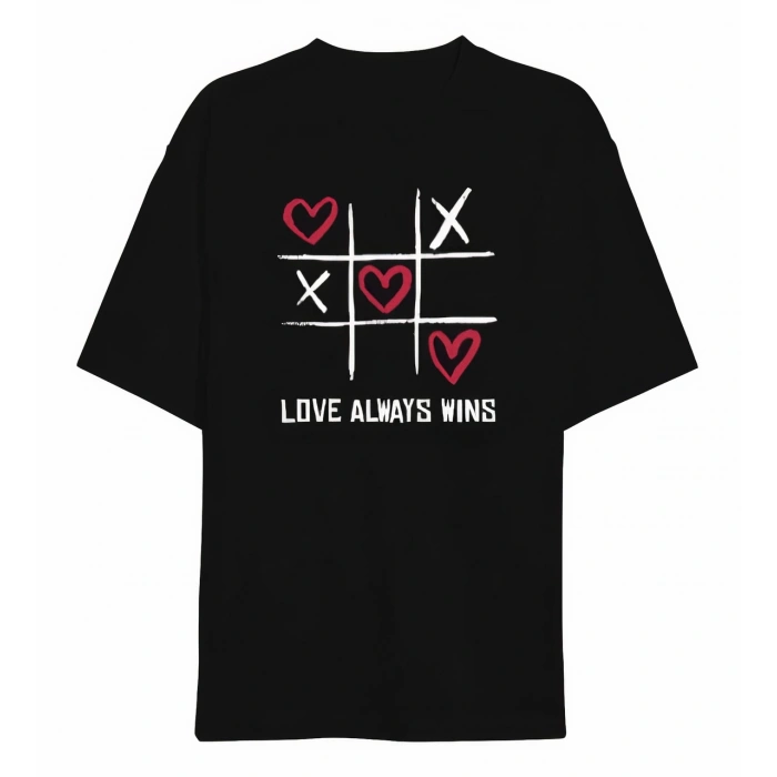 14 Şubat Sevgililer Günü Love Always Wins Baskılı Oversize Bisiklet Yaka T-shirt - Siyah