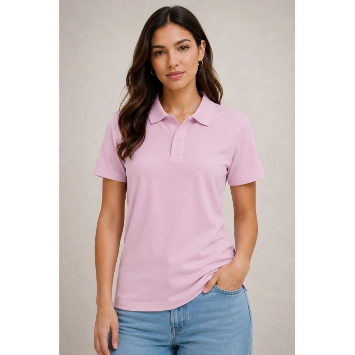 2li Kadın Polo Yaka Pike Kumaş Düğmeli Basic Tişört Günlük Rahat Kesim - Beyaz, Pembe