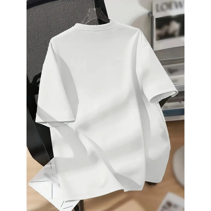 20/1 Penye Compack Baskılı Oversize Bisiklet Yaka Kısa Kol Yazlık T-shirt - Beyaz