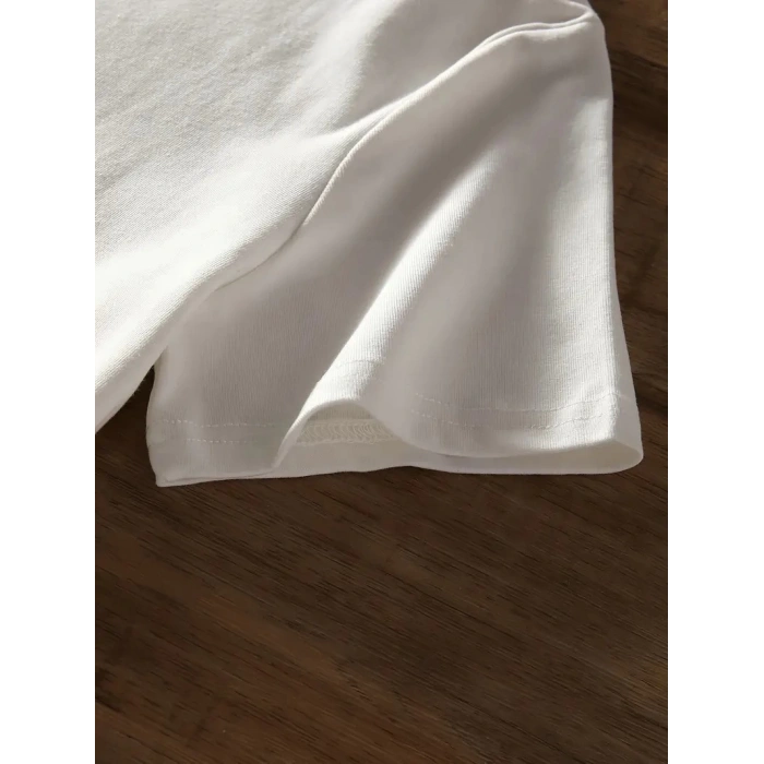 20/1 Penye Compack Baskılı Oversize Bisiklet Yaka Kısa Kol Yazlık T-shirt - Beyaz