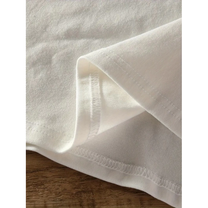 20/1 Penye Compack Baskılı Oversize Bisiklet Yaka Kısa Kol Yazlık T-shirt - Beyaz