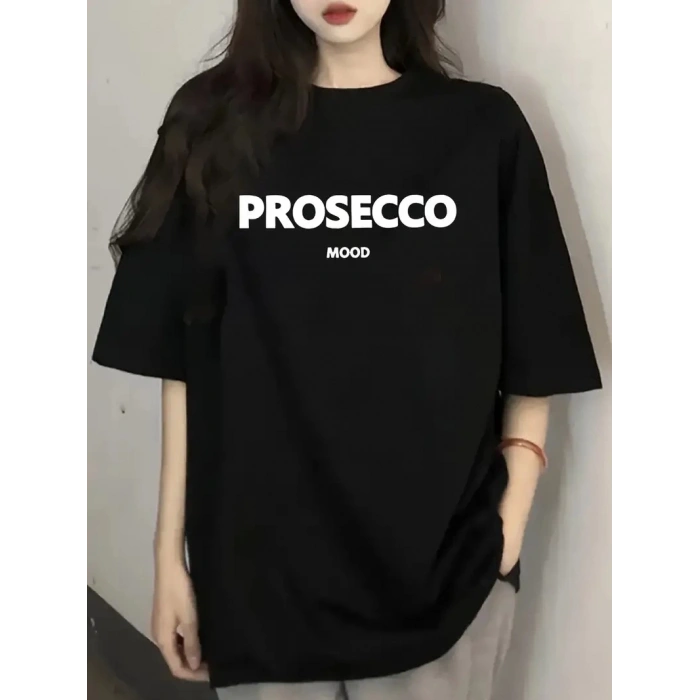 20/1 Penye Compack Baskılı Oversize Kısa Kol Bisiklet Yaka T-shirt - Siyah