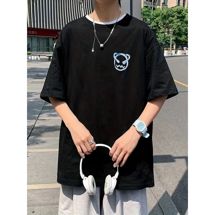 20/1 Penye Compack Bisiklet Yaka Kore tarzı sevimli ayı baskı Kısa Kol Erkek t-shirt - Siyah