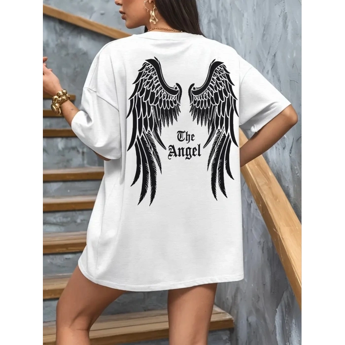 20/1 Penye Compack Dark Angel Baskılı Oversize Kısa Kol Yazlık T-shirt- Beyaz