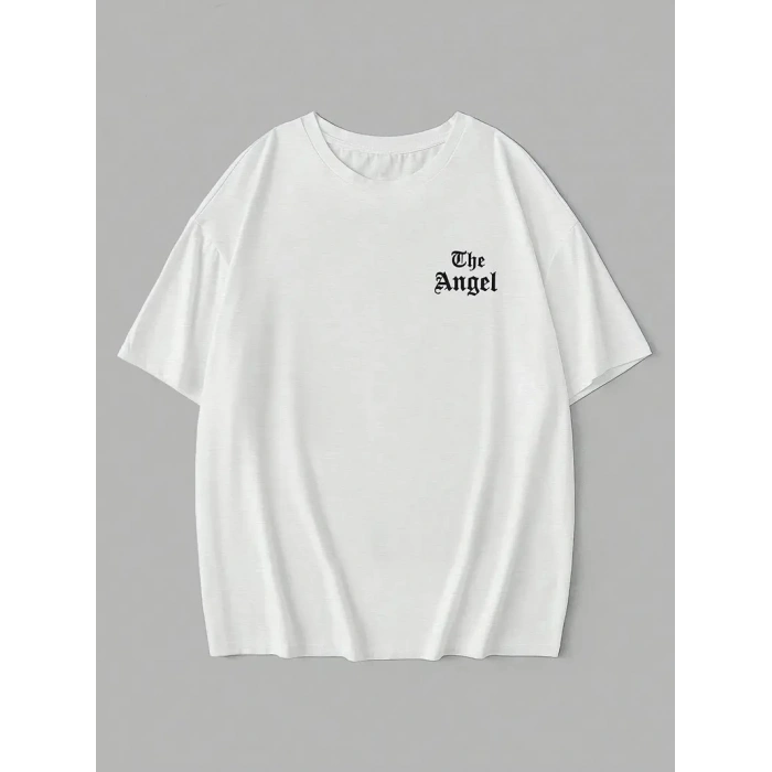 20/1 Penye Compack Dark Angel Baskılı Oversize Kısa Kol Yazlık T-shirt- Beyaz