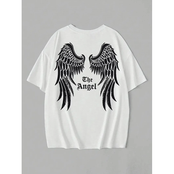 20/1 Penye Compack Dark Angel Baskılı Oversize Kısa Kol Yazlık T-shirt- Beyaz