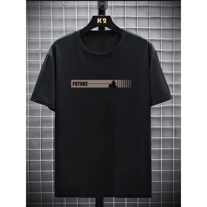 20/1 Penye Compack FUTRE Baskılı Oversize Kısa Kol Bisiklet Yaka T-shirt - Siyah