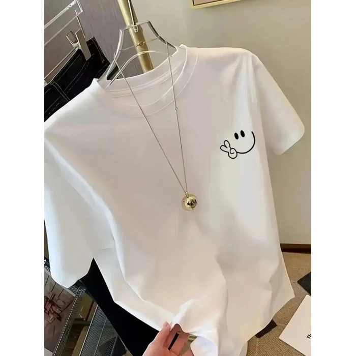 20/1 Penye Compack Gülücük Baskılı Oversize Bisiklet Yaka Kısa Kol Yazlık T-shirt - Beyaz