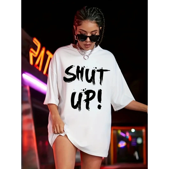 20/1 Penye Compack Oversize Beyaz Shut Up Kısa Kol Yazlık Tişört - Beyaz
