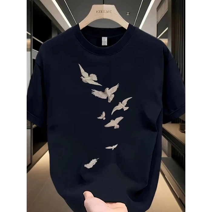 20/1 Penye Compack Özgür kuşlar Baskılı Baskılı Oversize Bisiklet Yaka T-shirt - Beyaz