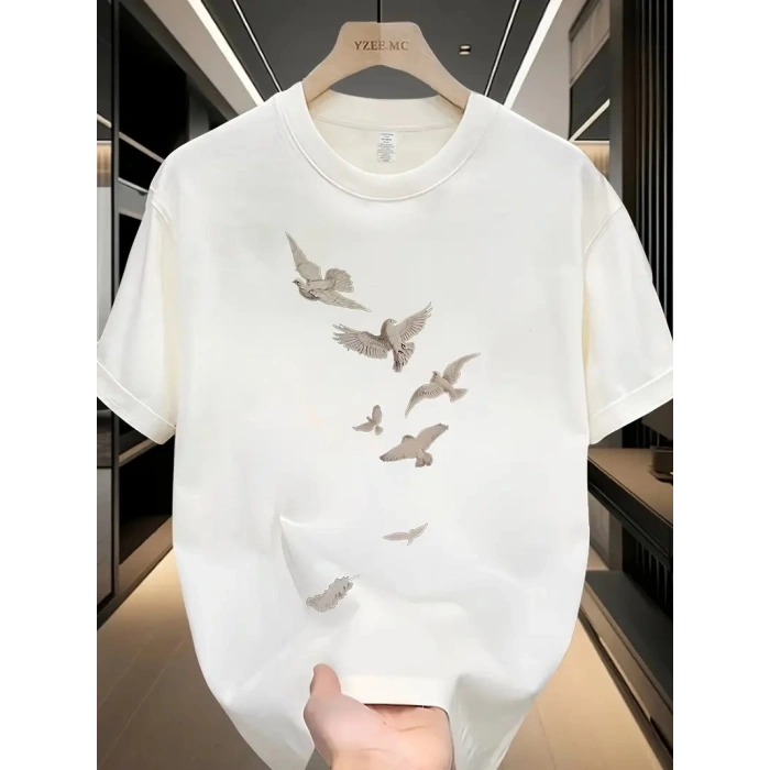 20/1 Penye Compack Özgür kuşlar Baskılı Oversize Bisiklet Yaka T-shirt - Beyaz