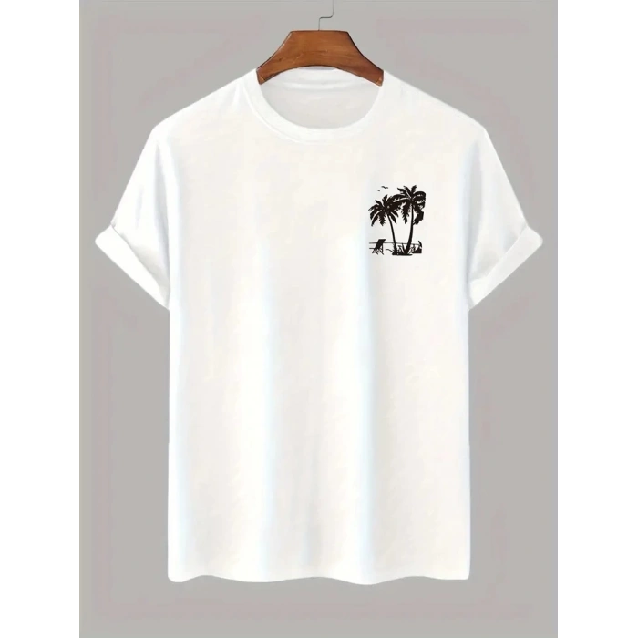 20/1 Penye Compack Palmiye Baskılı Oversize Bisiklet Yaka Kısa Kol T-shirt - Beyaz