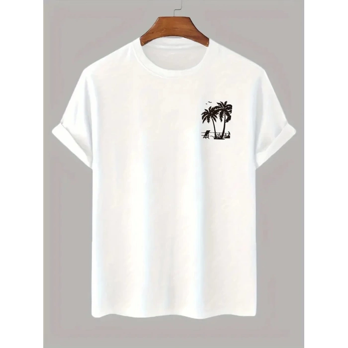 20/1 Penye Compack Palmiye Ön Baskılı Oversize Bisiklet Yaka Kısa Kol Yazlık T-shirt - Beyaz
