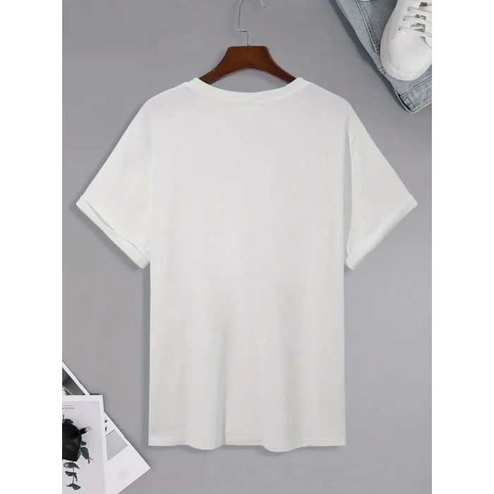 20/1 Penye Compack Palmiye Ön Baskılı Oversize Bisiklet Yaka Kısa Kol Yazlık T-shirt - Beyaz