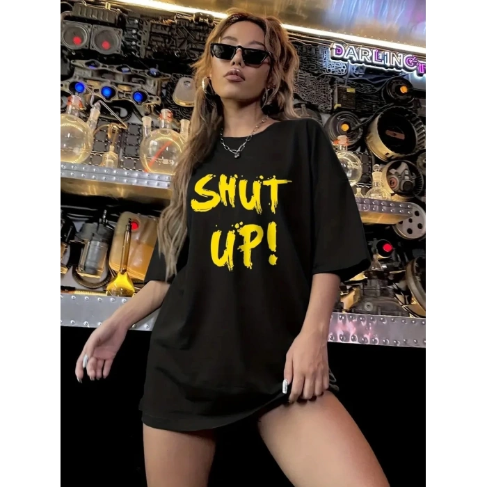 20/1 Penye Compack Shut up Baskılı Oversize Bisiklet Yaka Kısa Kol T-shirt - Siyah