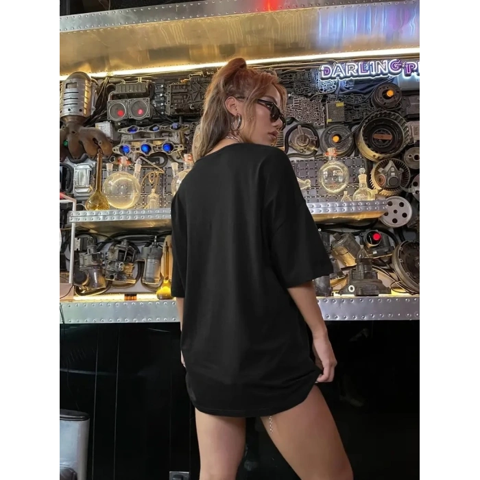 20/1 Penye Compack Shut up Baskılı Oversize Bisiklet Yaka Kısa Kol T-shirt - Siyah