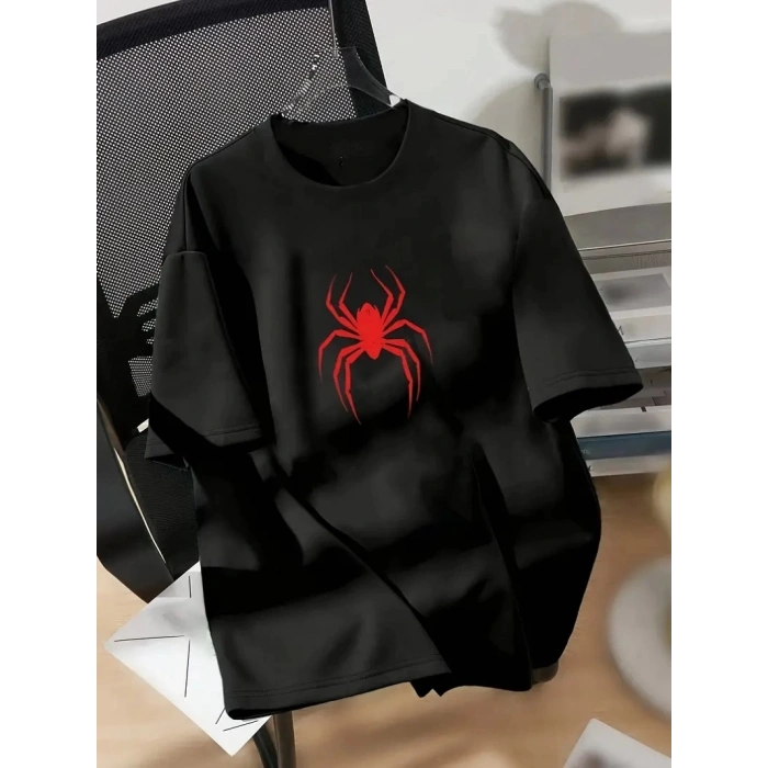 20/1 Penye Compack Spider Baskılı Oversize Unisex Kısa Kol Yazlık T-shirt - Siyah