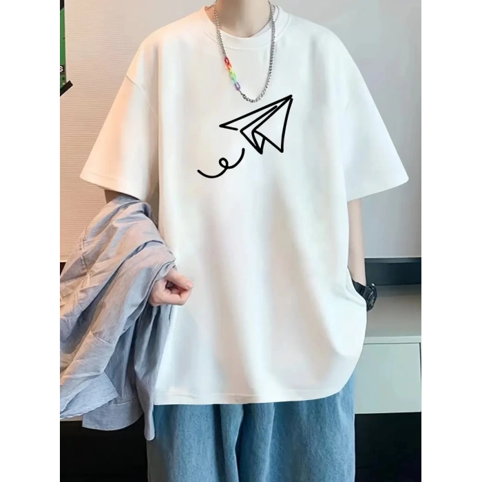 20/1 Penye Compack Uçak Baskılı Oversize Bisiklet Yaka Kısa Kol T-shirt - Beyaz