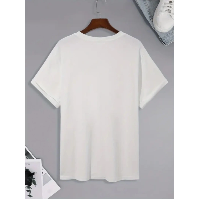 20/1 Penye Compack Uçak Baskılı Oversize Bisiklet Yaka Kısa Kol T-shirt - Beyaz