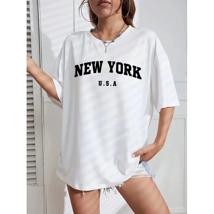 20/1 Penye CompackNew York Baskılı Oversize Kısa Kol Bisiklet Yaka T-shirt - Beyaz