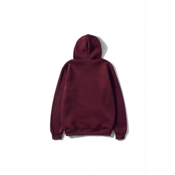 Kadın 3 İplik Pamuklu Kapüşonlu Kanguru Cepli Düz Hoodie Sweatshirt - Bordo