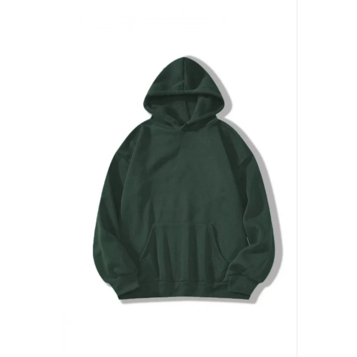 Kadın 3 İplik Pamuklu Kapüşonlu Kanguru Cepli Düz Hoodie Sweatshirt - Haki