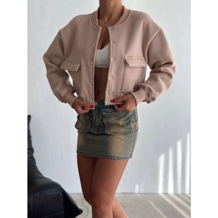 3 iplik şardonlu Önü çıtçıtlı cepli ceket bej f2226