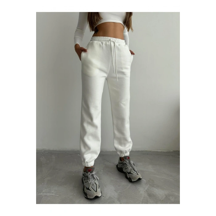 3 iplik şardonlu paça lastikli eşofman beyaz is001