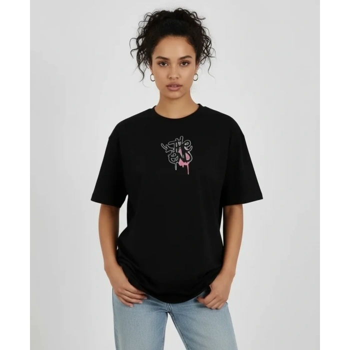 Erkek Bisiklet Yaka Baskılı Kısa kol T-Shirt - Siyah