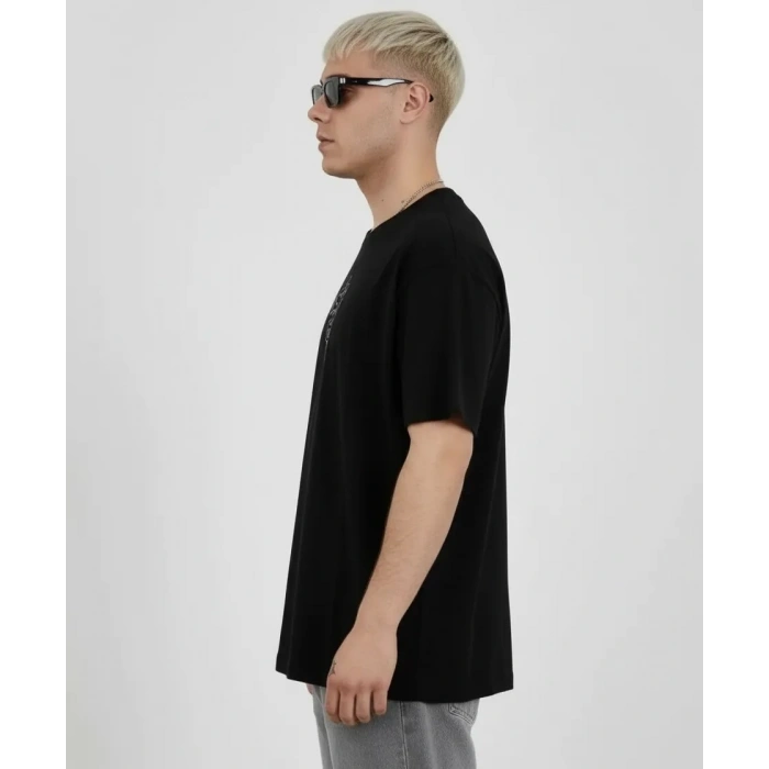 Erkek Bisiklet Yaka Baskılı Kısa kol T-Shirt - Siyah