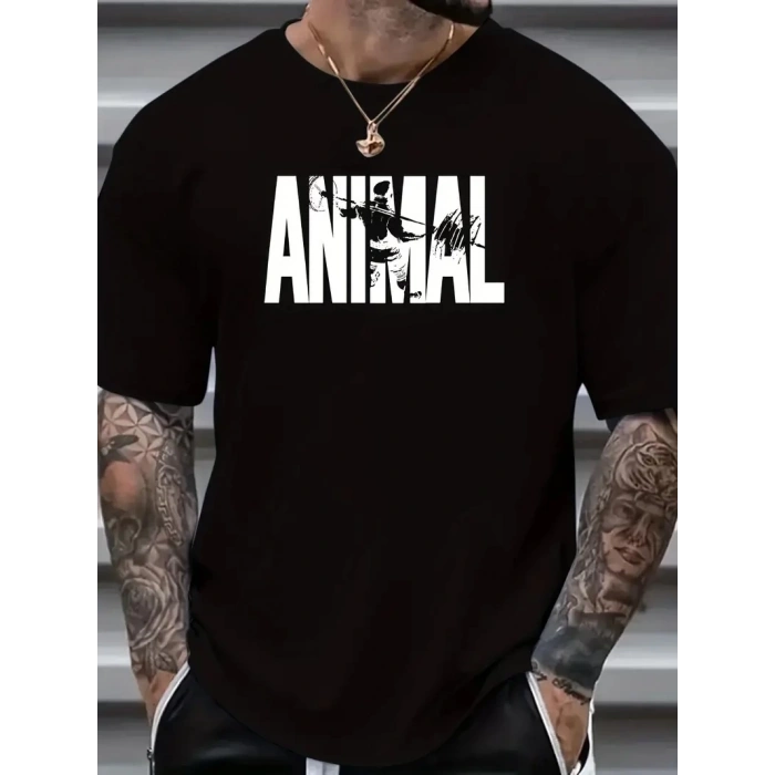 ANIMAL Desen Baskı Erkek Oversive Tişört, Grafik Tişört Erkek Yazlık Outdoor Kıyafetleri, Sporda ve Günlük Giyime Uygun  - Siyah