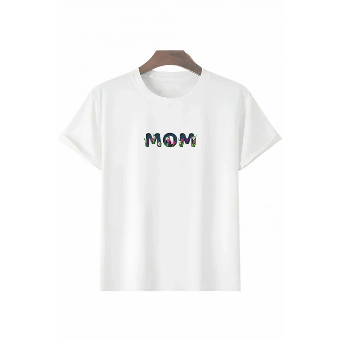 Anneler Günü Hediye Mom Çiçek Baskılı Oversize Bisiklet Yaka T-shirt - Beyaz