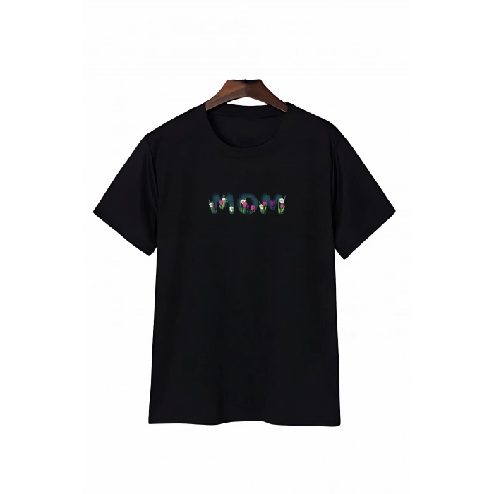 Anneler Günü Mom Çiçek Temalı Baskılı Oversize Bisiklet Yaka T-shirt - Siyah