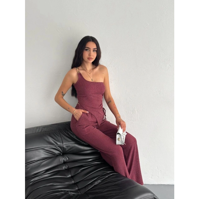 Asimetrik Crop Pantalon ikili Takım - Gül Kurusu