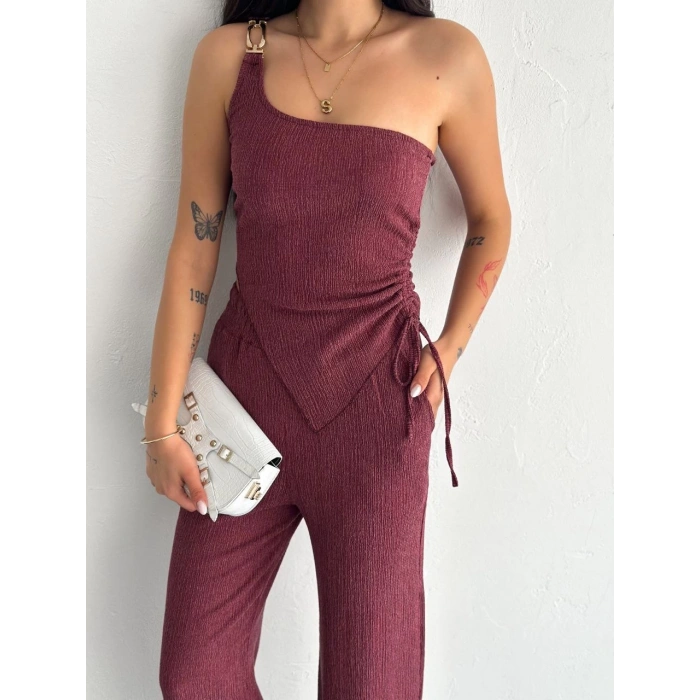 Asimetrik Crop Pantalon ikili Takım - Gül Kurusu