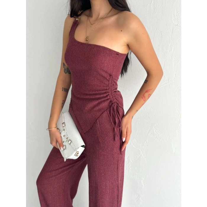 Asimetrik Crop Pantalon ikili Takım - Gül Kurusu