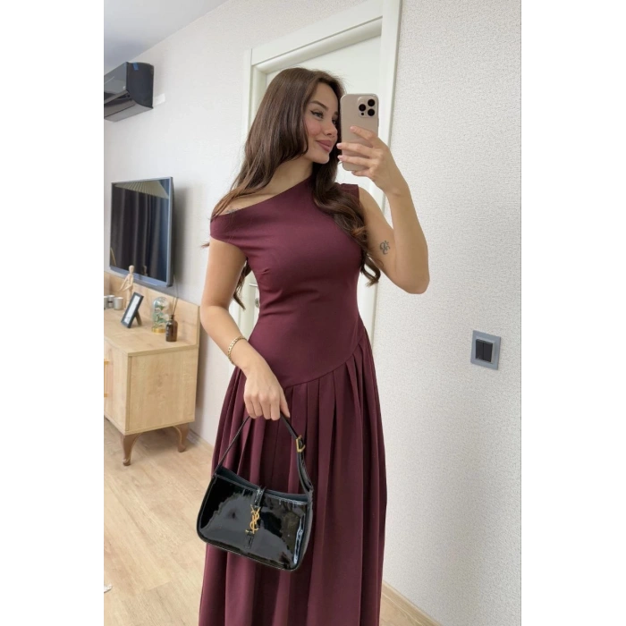 Asimetrik düşük yaka Kolsuz Uzun Elbise - Bordo