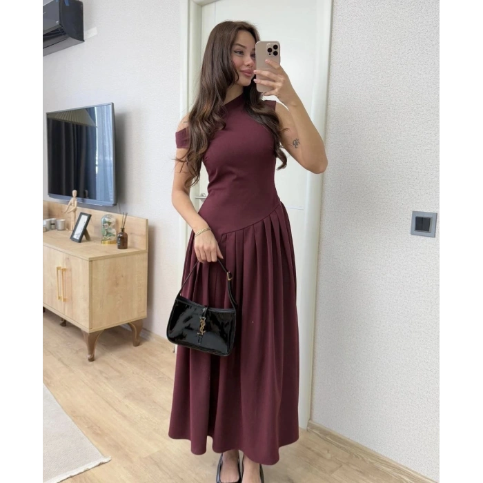 Asimetrik düşük yaka Kolsuz Uzun Elbise - Bordo