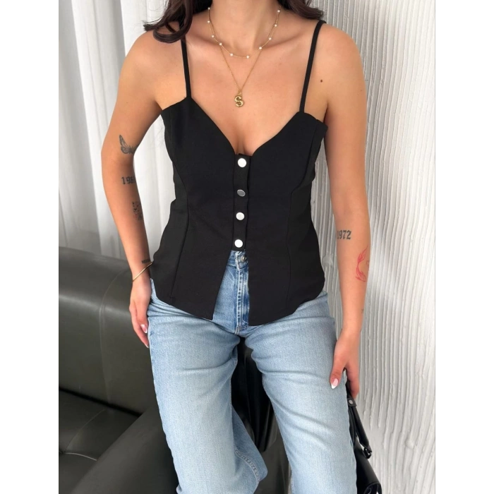 Askılı Dekolte deraylı bluz crop - Siyah