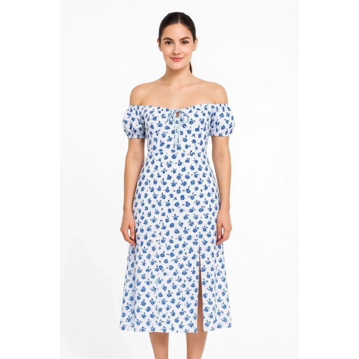 Bardot Omuzu Acık Çiçek Desenli Elbise - Desenli