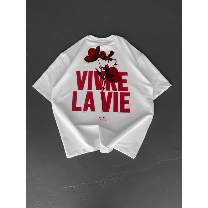 Baskılı Oversize Bisiklet Yaka T-shirt - Beyaz