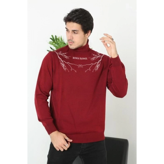 Erkek Yarım Bağazlı Kazak Baskılı Dokuma Triko - Bordo