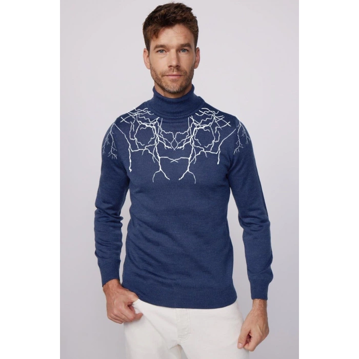 Erkek Yarım Bağazlı Kazak Baskılı Dokuma Triko - ndigo