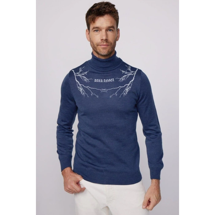 Erkek Yarım Bağazlı Kazak Baskılı Dokuma Triko - İndigo