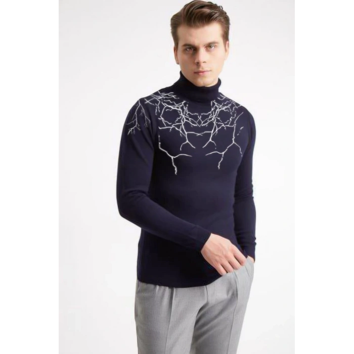 Erkek Yarım Bağazlı Kazak Baskılı Dokuma Triko - Lacivert