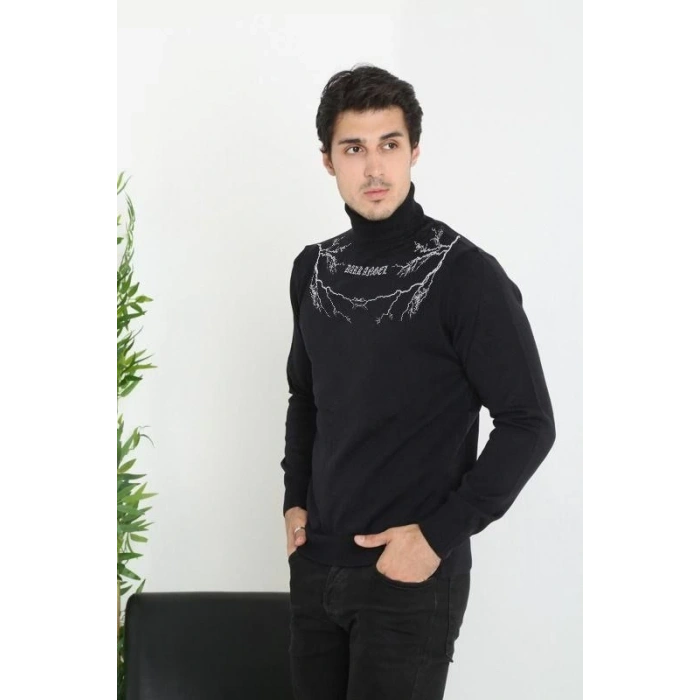 Erkek Baskılı Tam Boğazlı Uzun Kol Dokuma Triko - Siyah