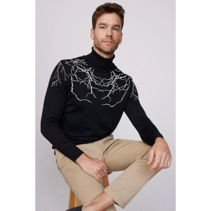 Erkek Baskılı Tam Boğazlı Uzun Kol Dokuma Triko - Siyah